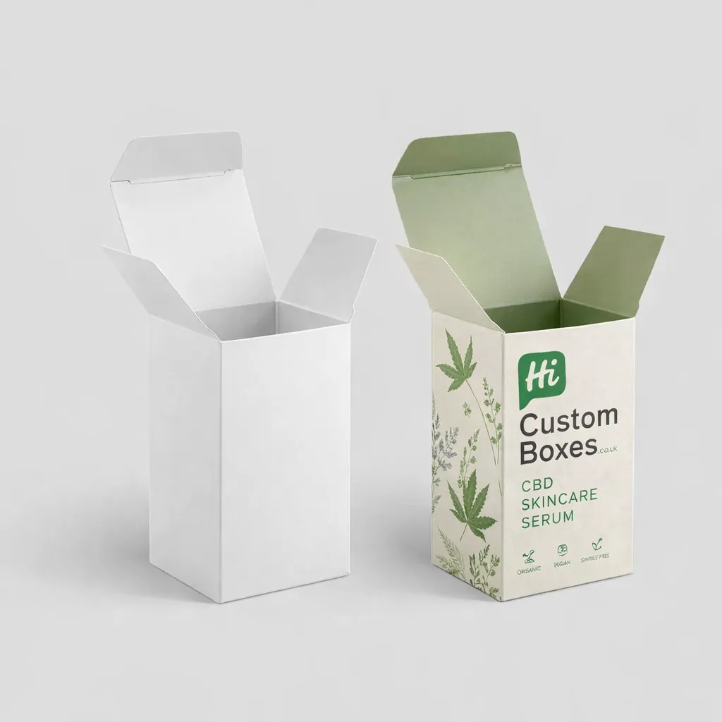 Two square lidded gift boxes, one solid white and one featuring premium green botanical themed artwork.
